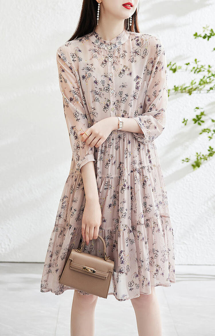 Dme [Naked Feel Ceiling] Spring And Autumn 100 Mulberry Silk Stand Collar Three-Quarter Sleeve Printed Elegant Long Dress for Wome 8