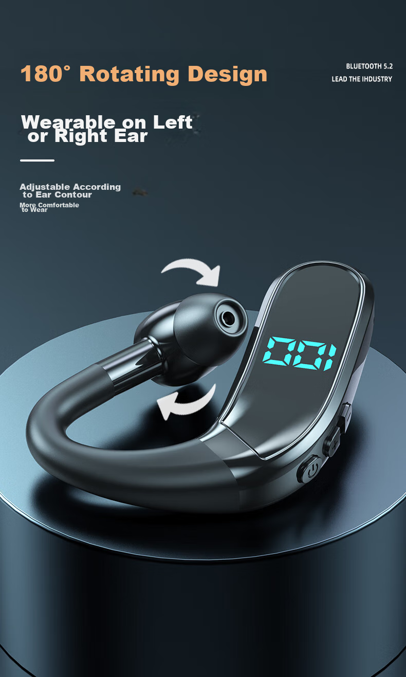 Guiyin Wireless Bluetooth Headphones, New Ultra-Long Standby Battery Life, Ear-Hook Style, for Sports Running Driving Calls, Noise Reduction, Large Battery Capacity Display, Suitable for Apple, OPPO, Xiaomi, Vivo, Honor 12