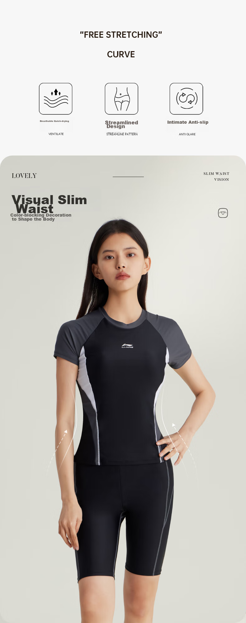 Li-Ning Women's Two-Piece Conservative Swimsuit, Tummy Control Slimming Plus Size Casual Hot Spring Swimwear 5491 Black L 2