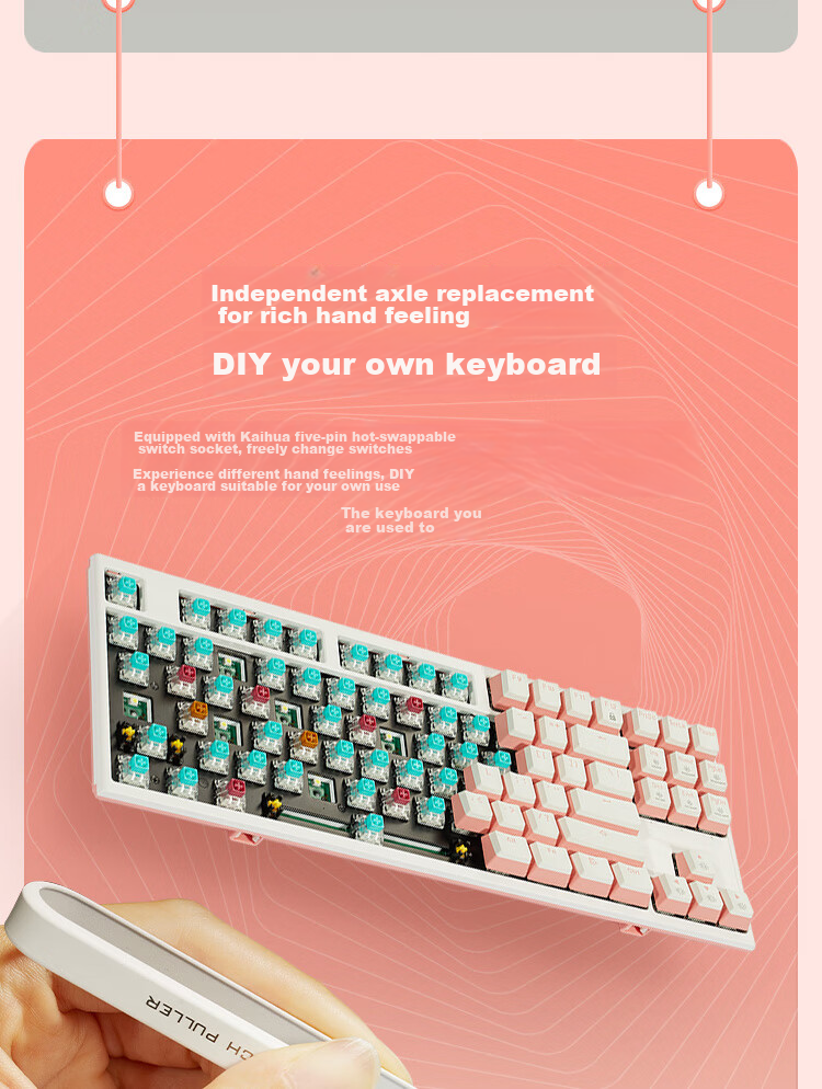Hyeku X5Pro Wireless Bluetooth Wired Tri-Mode Keyboard with 108 Keys, PBT Keycaps, Peach Bubbles Water, Kaixia BOX Rose Red Switches 8