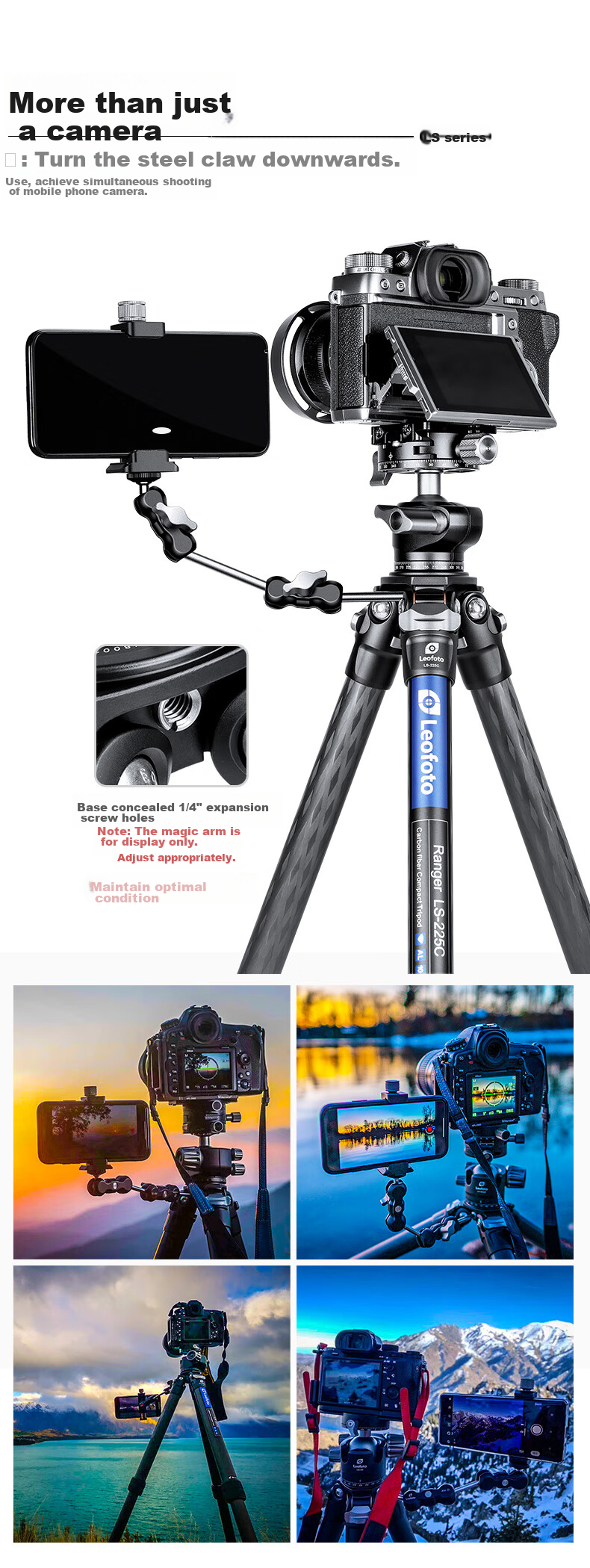 Leofoto Tripod, Carbon Fiber Phone Stand, Canon Nikon Sony Camera Lens Photography And Videography Tripod with Ball Head Kit LS-225C+LH 18