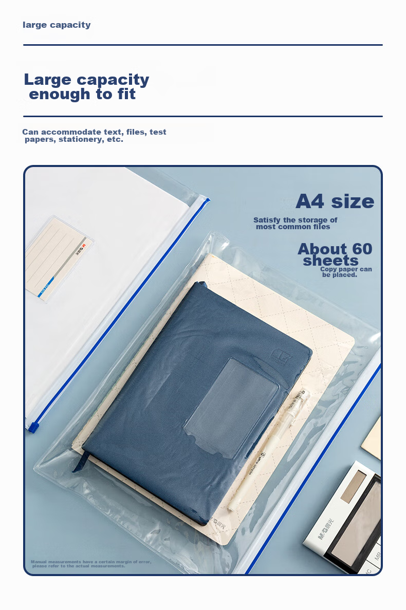 M&G Stationery A4 Transparent Side-Edge Pouches Student Zipper Bags Office Document Folders Student Exam Paper Receipt Storage Pouches 20-Pack Random Colors ADM94552 3