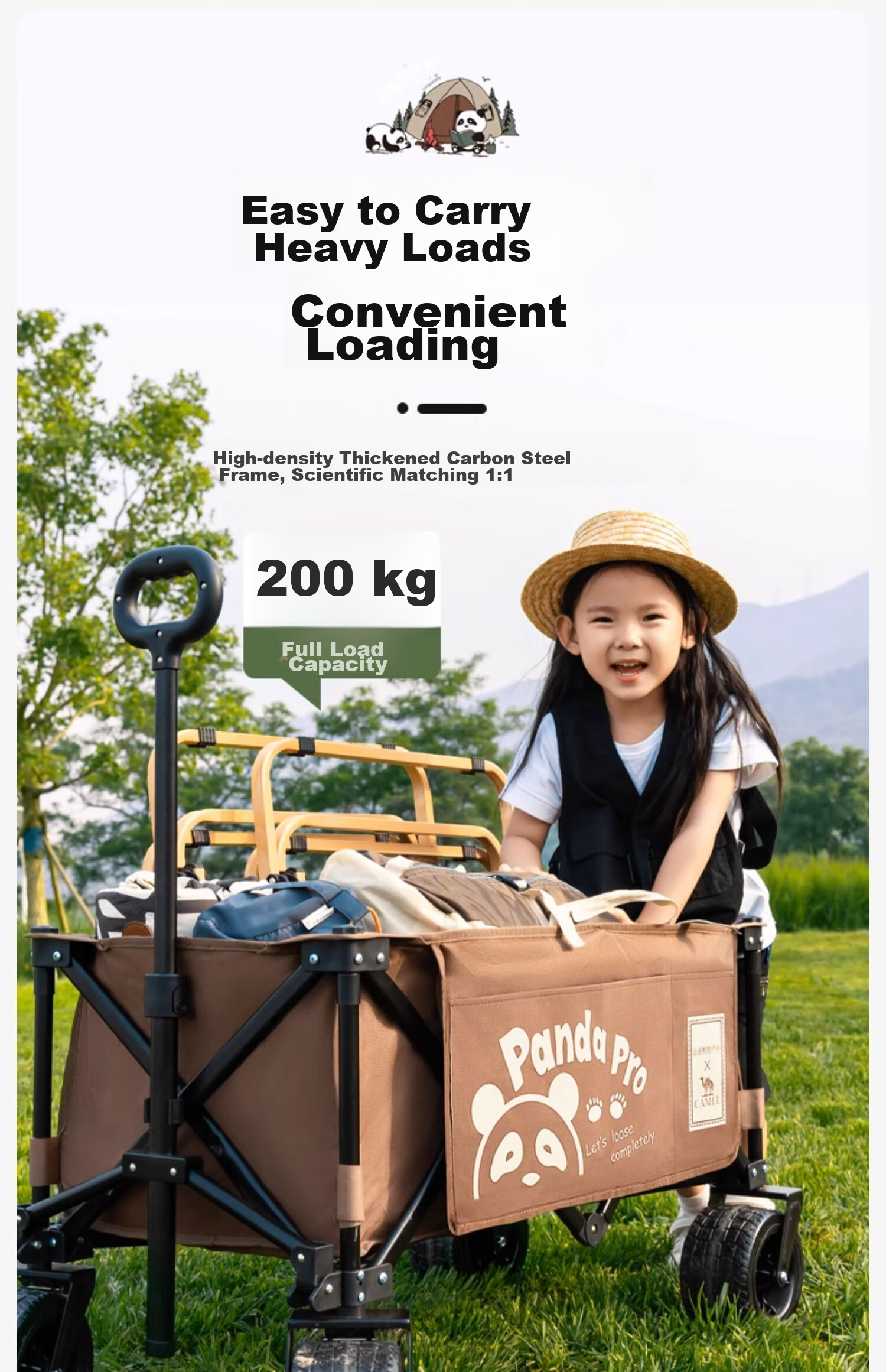 CAMEL Outdoor Camping Cart, Grocery Shopping Trolley, Kids' Ride-On Vehicle, Dog Walking Cart, Portable Campsite Cart, Picnic Wagon, Wide Wheels, Khaki Color 15