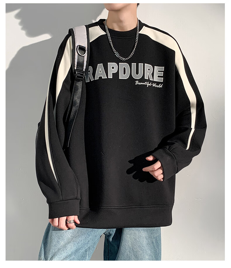 Dingfengbaoluo American-Style Sweatshirt for Men, Spring Vintage Long-Sleeve T-Shirt, Trendy Color-Block Patchwork, Loose Round Neck, DFL02 Black M 5