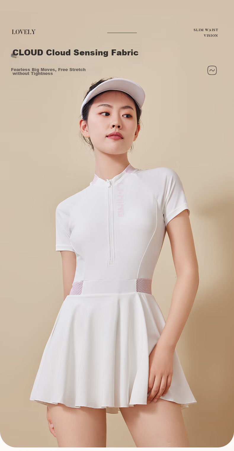 Li-Ning One-Piece Swimsuit Dress for Women, Tummy Control Slimming Chlorine-Resistant Quick-Dry Swimwear 0786 White Pink XXL 4