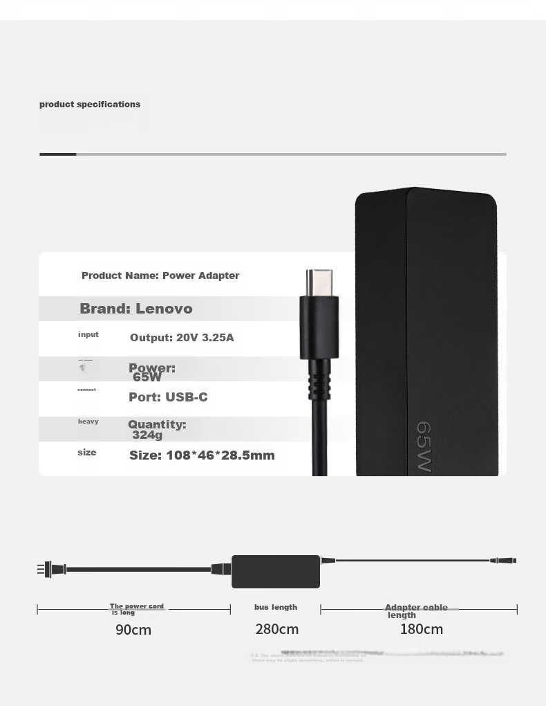 Lenovo Original Power Adapter Laptop Charger YOGA Power Cord/XiaoXin Air/Computer Charging Cable 20V3.25A 65W Small Round Plug 5