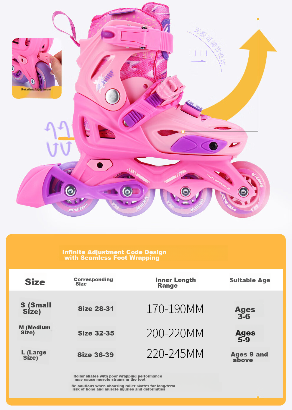 HEAD Professional Roller Skates for Children, Boys And Girls Beginners, Inline Skates, Flat Flower Casual Ice Skates, S5 Pink, Size L 6