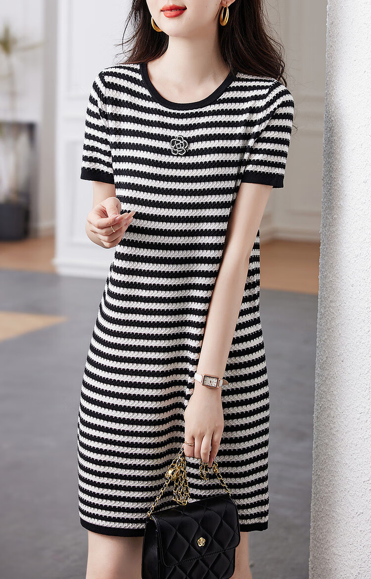Dme [Ice Silk Dress], Summer Pullover Slightly Stretchy Contrasting Color Knitted Short-Sleeve Dress 15