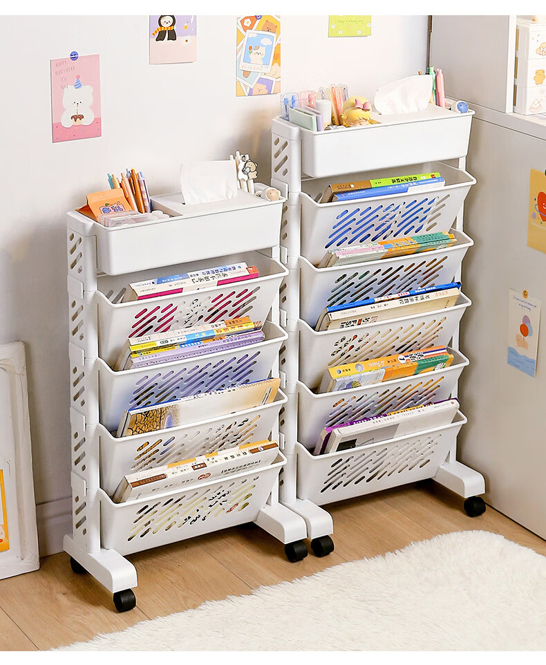 Jinlongxing Mobile Bookshelf, Classroom Desk Side Storage Rack, Floor-Standing Book Organizer with Wheels, Magazine Rack, Six-Tier 12