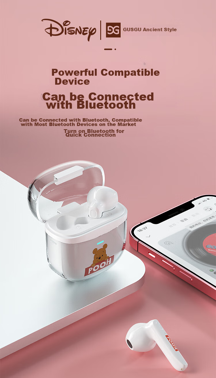 GUSGU Disney Co-Branded True Wireless Bluetooth Earphones, Semi-In Music Sports Running Noise-Cancelling Earphones, Compatible with Apple Huawei Xiaomi Phones, Pink FX-902V 13