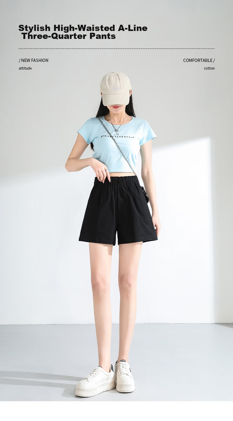 Baleno 100% Pure Cotton Shorts for Women, New Summer 2025 Style, High-Waisted Loose Wide-Leg Pants, Versatile Three-Quarter Length Shorts for Outdoor Activities And Travel 1