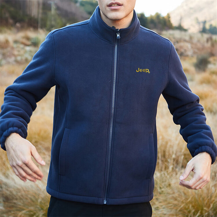 JEEP Men's Jacket, Trendy Simple Stand-Collar Fleece Jacket with Embroidery, Men's Fleece Coat 085, Black, M 14