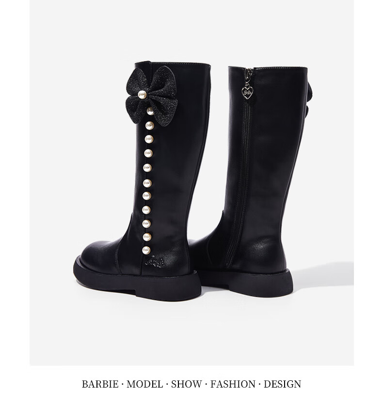 Barbie Children's Shoes, Girls' Autumn And Winter Tall Boots, Big Kids' Knight Boots, Versatile High-Top Boots, Fleece-Lined DA5639 Black Size 28 17