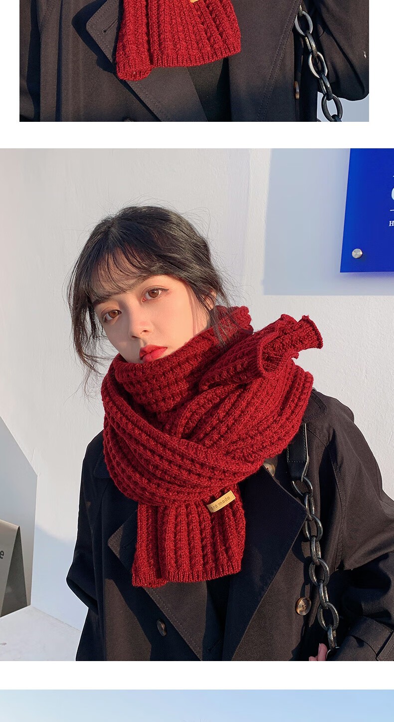 XUEXIMAN Women's Knitted Wool Scarf Versatile Korean Style Winter Red Cute INS Trendy New Year Neck Warmer for Students and Couples 1