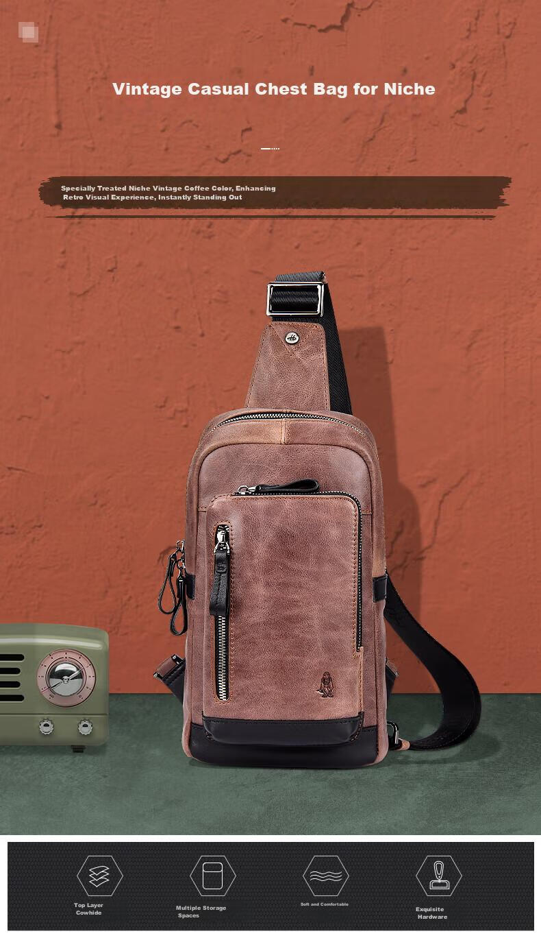 Hush Puppies Crossbody Bag for Men, Niche Design Chest Pack, Casual Retro Genuine Leather Shoulder Bag, Sports Shoulder Bag, Coffee Color 1