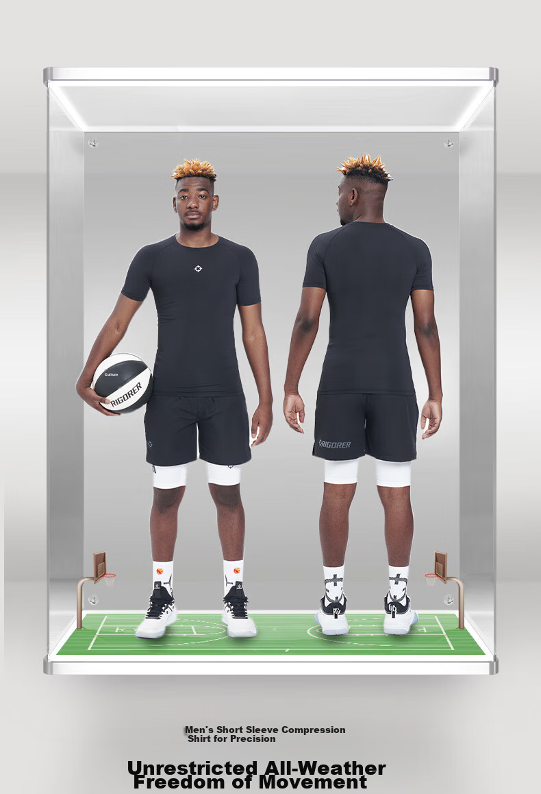 RIGORER Men's Short-Sleeve Compression Shirt, Round Neck, Sports Basketball Running Training Fitness Tight-Fitting Slimming Highlighting Line Top 1