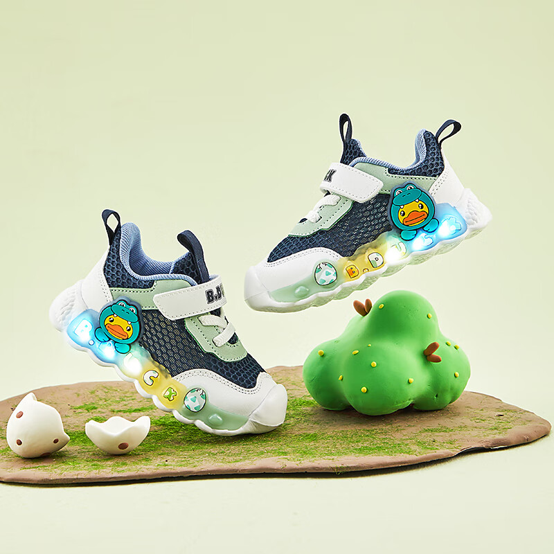 B.Duck Children's Walking Shoes, Boys And Girls Light-Up Shoes, Summer Breathable Mesh Sneakers, 3957 Blue And White, Size 23