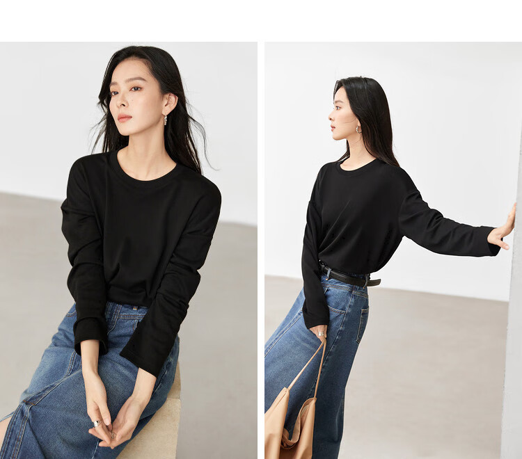 TUCANO Pure Cotton Long-Sleeve T-Shirt for Women, Base Layer, Autumn And Winter Style, Loose Casual Versatile Regular Shoulder Slimming Top, Black, S 13