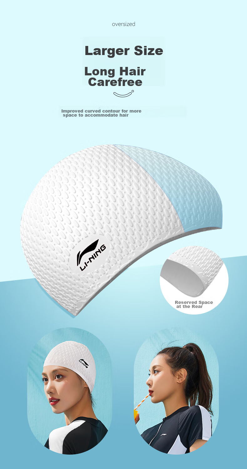Li-Ning Women's Swim Cap, Comfortable to Wear, Concave Non-Slip Design, Long Hair Silicone Waterproof Swimming Cap, 818 White And Black 4