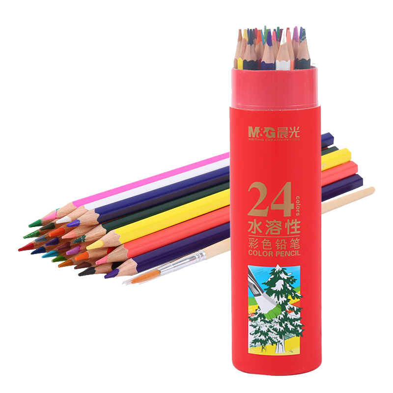 M&G Stationery, 24 Colors Water-Soluble Colored Pencils, Student Art Coloring Set with Brushes, Red Tube Packaging AWP36810, Children's Birthday Gift for Girls