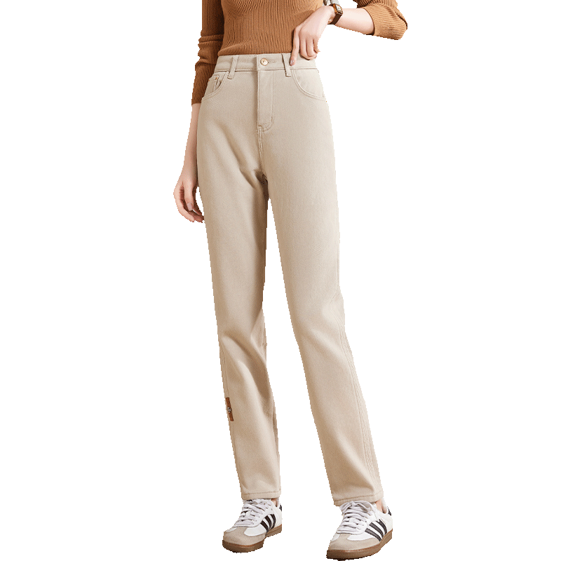 PinCai Women's Spring Autumn Apricot High Waist Denim Jeans Commuter Casual Long Pants P143N1015