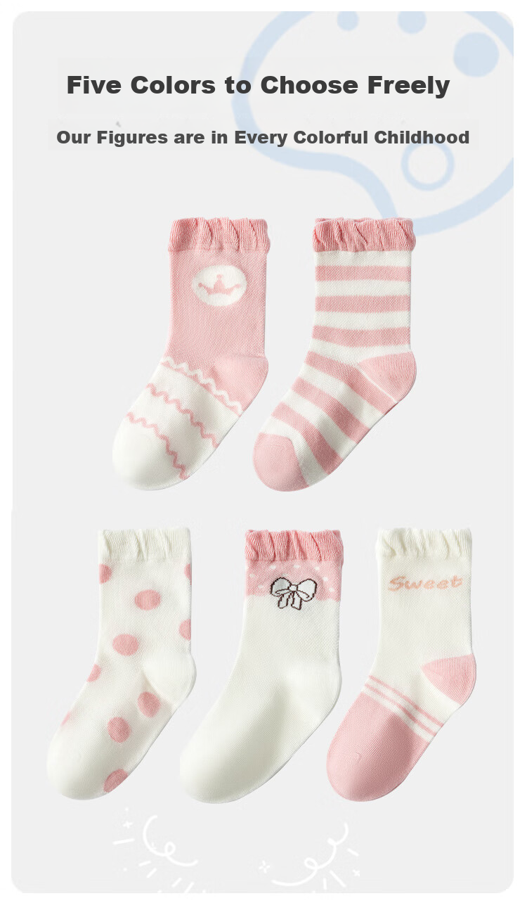 MiiOW Children's Socks, Summer Girls Breathable Cute Lace Mesh Socks, Big Kids Student Cartoon Mid-Calf Socks, 5 Pairs Pack 12