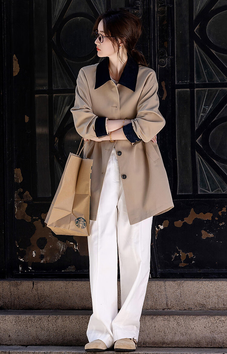 Dme [Gentle Core] Spring And Autumn Simple Contrasting Color Lapel High-Count High-Density A-Line Tuck Windbreaker Jacket for Women, Mid-Length Style 9