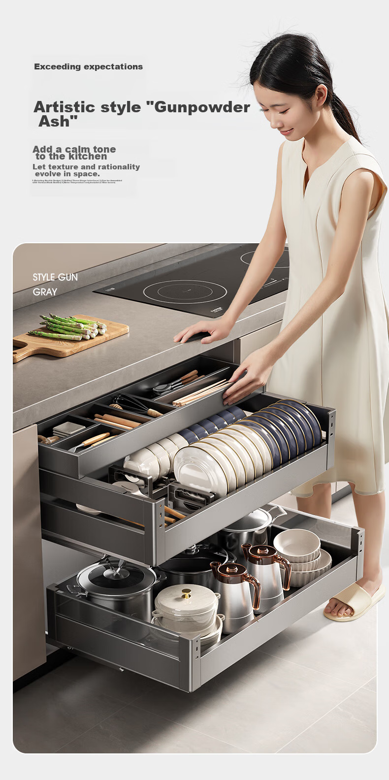 Cobbe Kitchen Pull-Out Basket, Upper And Lower Drawer Series, Three-Tier Space Aluminum Seasoning Bowl Rack Storage Shelf C01H244 Gun Gray 6