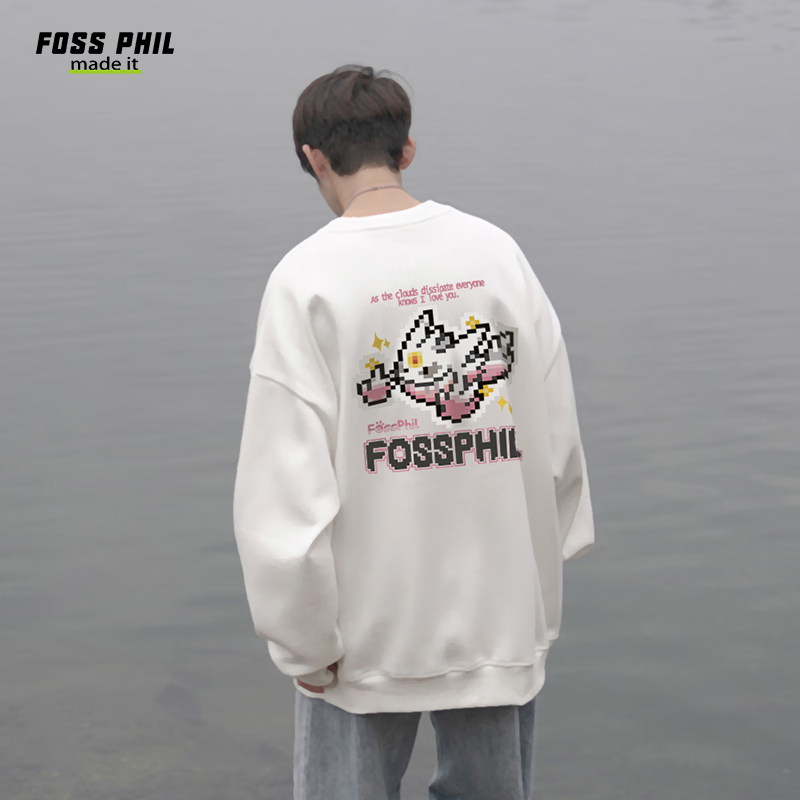 Foss Phil Men's Sweatshirt, Spring And Autumn Trendy Cartoon Print, Loose Casual Round Neck Base Layer T-Shirt Top, FPW5 White L