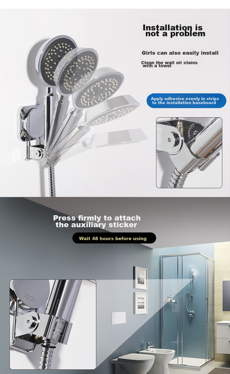 Hujia Shower Head Holder, No Drilling Required, Adjustable Base with Five Settings, Adhesive Wall-Mounted Stainless Steel 3