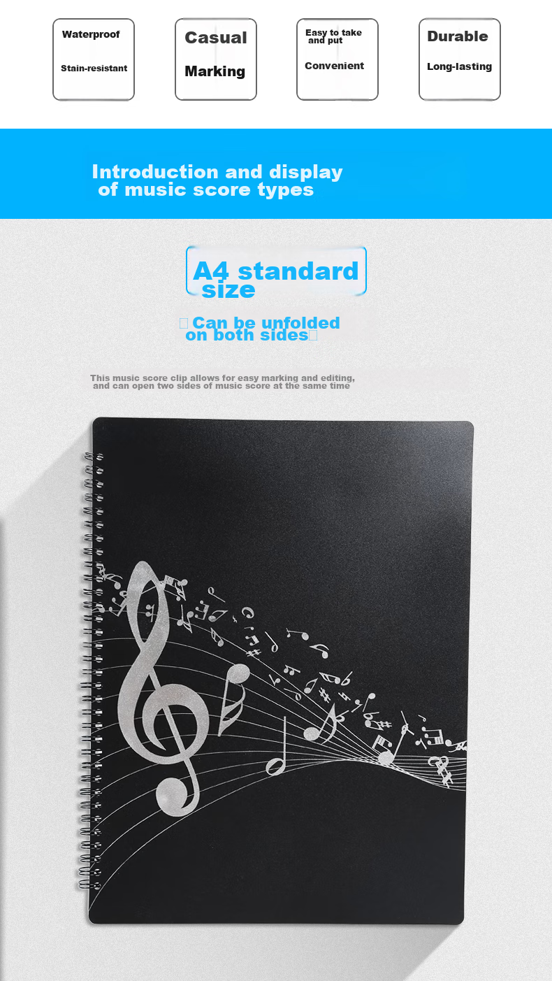 Maneryuepu A4 Sheet Music Folder, Piano Score Folder, Songbook Holder, Guitar And Guzheng Folder, 20 Pages Can Hold 40 Sheets, Multifunctional Music Folder 3