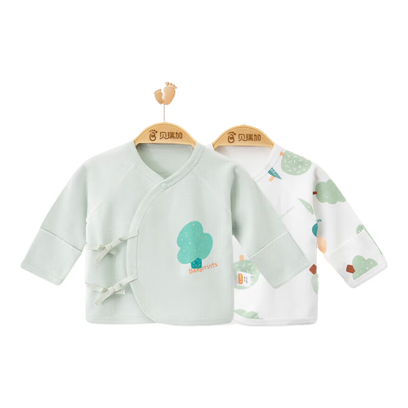 Babyprints Baby Half-Back Shirt 2-Pack, Newborn Clothes, Pure Cotton Long-Sleeve Top, Infant Underwear for All Seasons, Green, Size 59