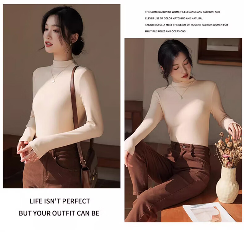 LangSha Semi-Turtleneck Base Layer for Women, New Autumn And Winter Thick Fleece Ribbed Long-Sleeve Slim-Fit Antibacterial Anti-Mite Inner Wear Top 17
