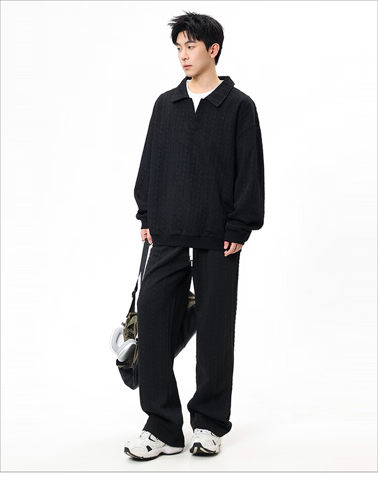 Dingfengbaoluo Men's Autumn Loose Comfortable Sports Sweatshirt and Pants Two-Piece Jacquard Casual Set XY12 Black 4XL 4