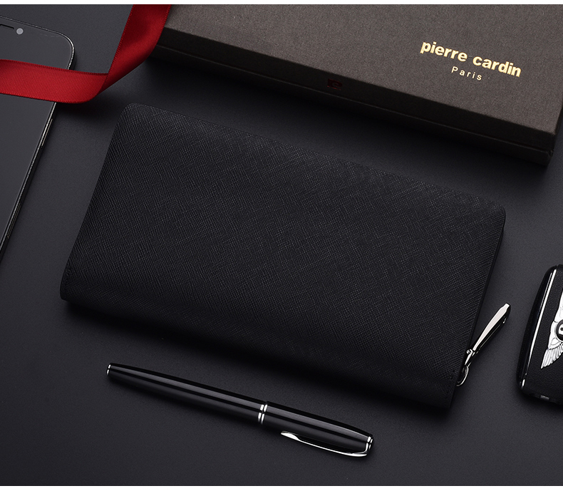 Pierre Cardin Men's Long Leather Wallet, Zipper Clutch, Gift Box, Black 8