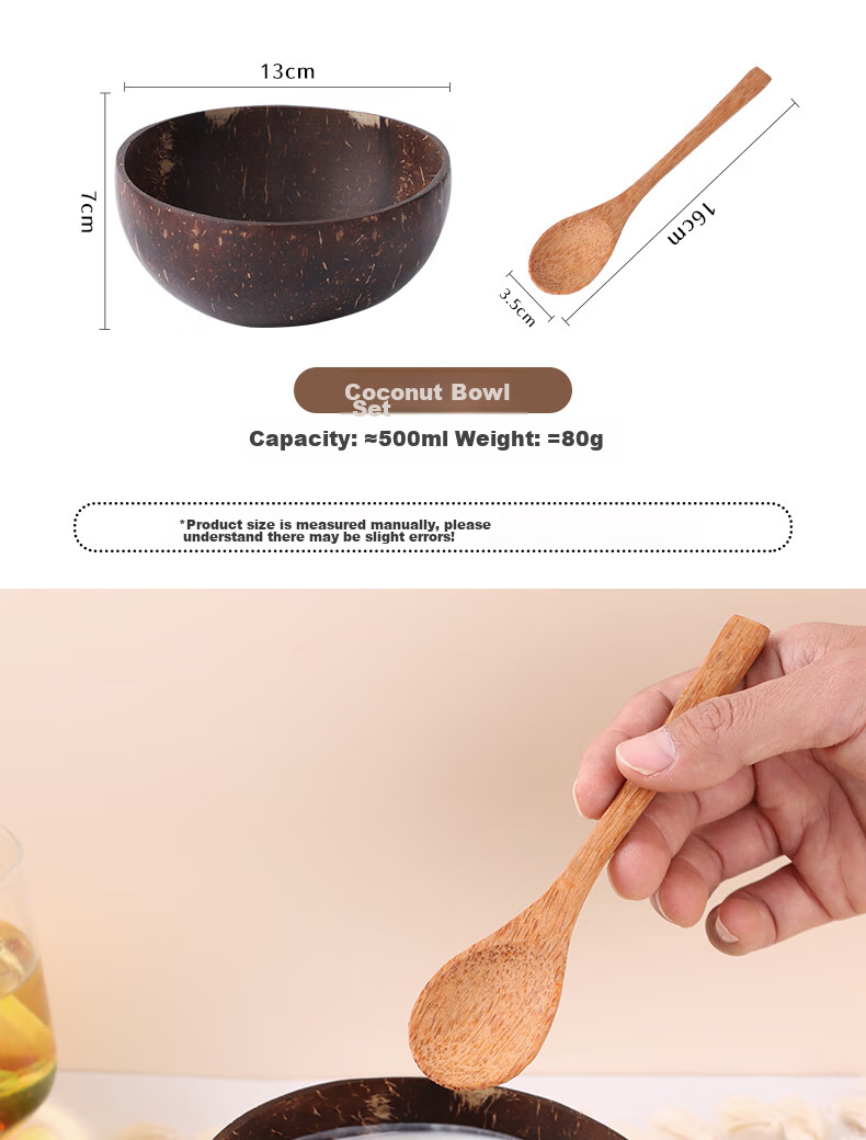 BJ Yogurt Bowl with Spoon, Wooden Dessert Fruit Salad Bowl for Home Breakfast Oatmeal, Natural Coconut Shell Bowl 5