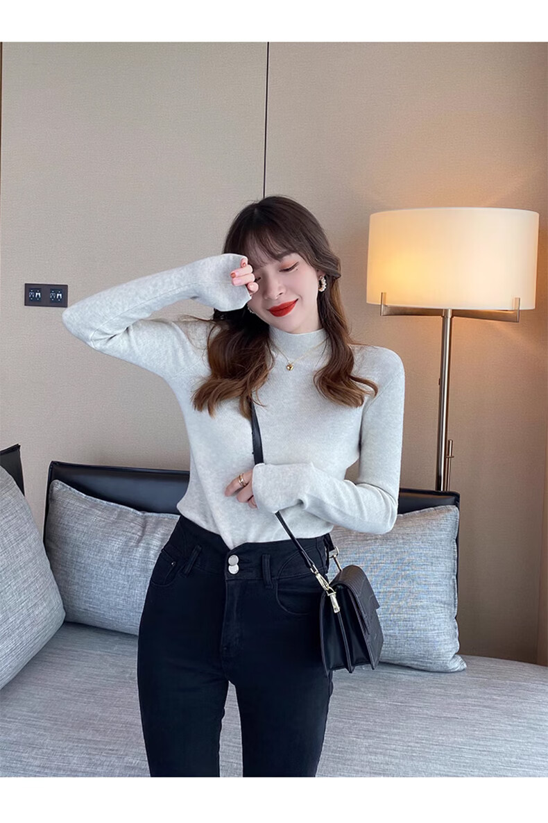 XUEXIMAN Semi-Turtleneck Base Layer for Women, Autumn And Winter Solid Color High-End Base Shirt, Versatile Slimming Knitted Sweater Suitable for Outer Wear 14