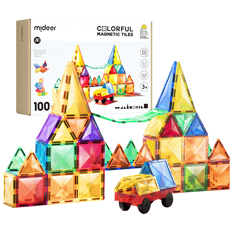 MiDeer Children's Toy Magnetic Tiles with Colorful Windows, 100 Pieces (Including 2 Small Cars) + Storage Bag, New Year Gift