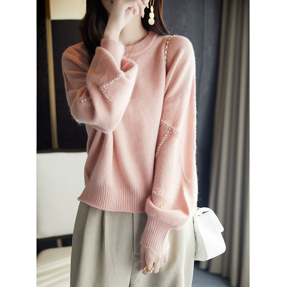 Dme Elegant Winter Round Neck Long Sleeve Sweater for Women with Beaded Jacquard Design, Fashionable Knit Top, Light Pink, Size S