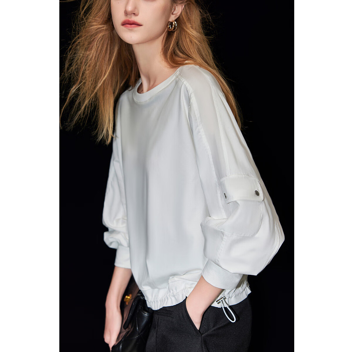 Dme [Encounter Virgo] Spring And Autumn Simple Commuter Workwear Pocket Shirt, Comfortable Elastic Hem Blouse Women's Top