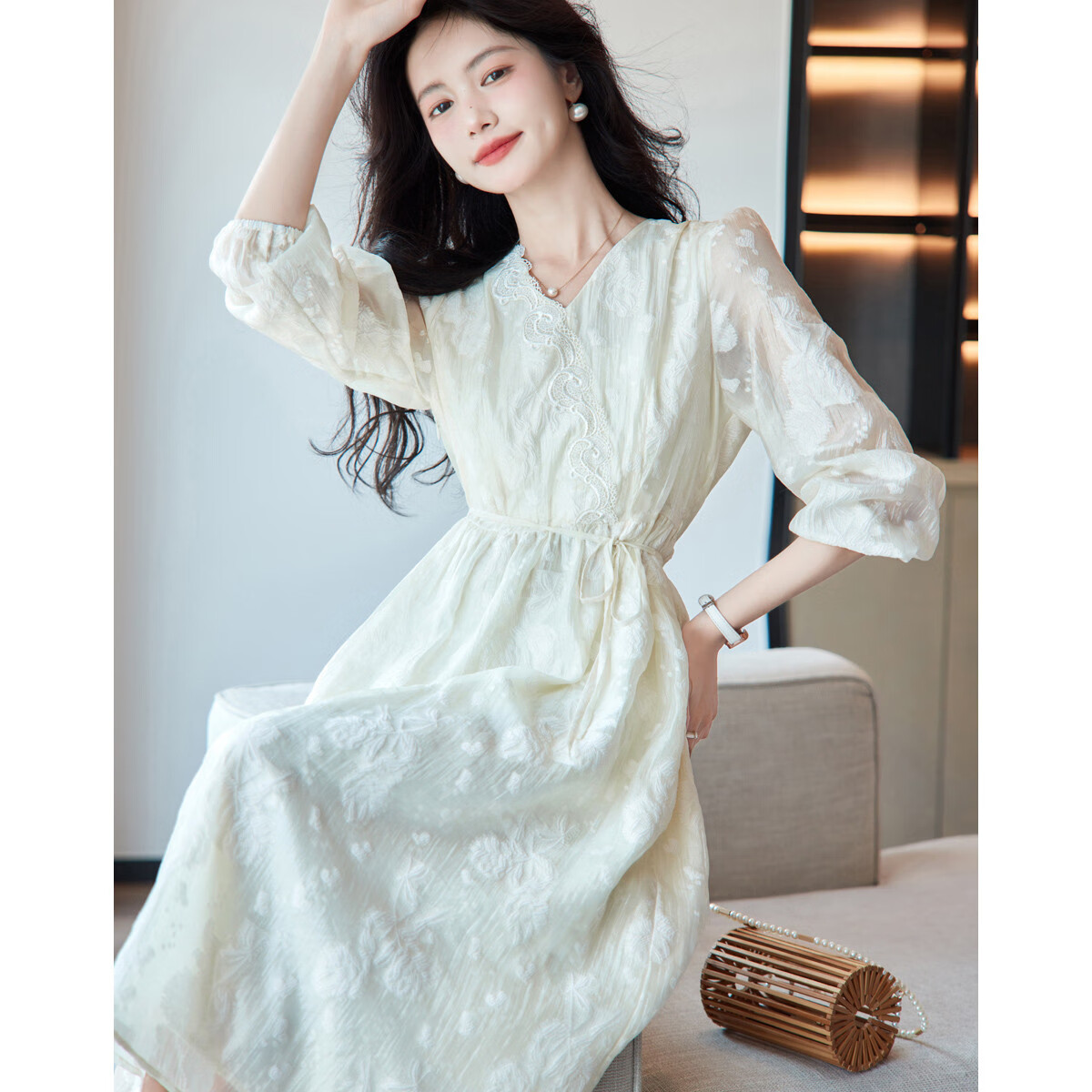 Dme [Light Luxury Jacquard A-Line Skirt], Spring And Autumn V-Neck Waist-Cinching Lace X-Shaped Midi Dress for Wome