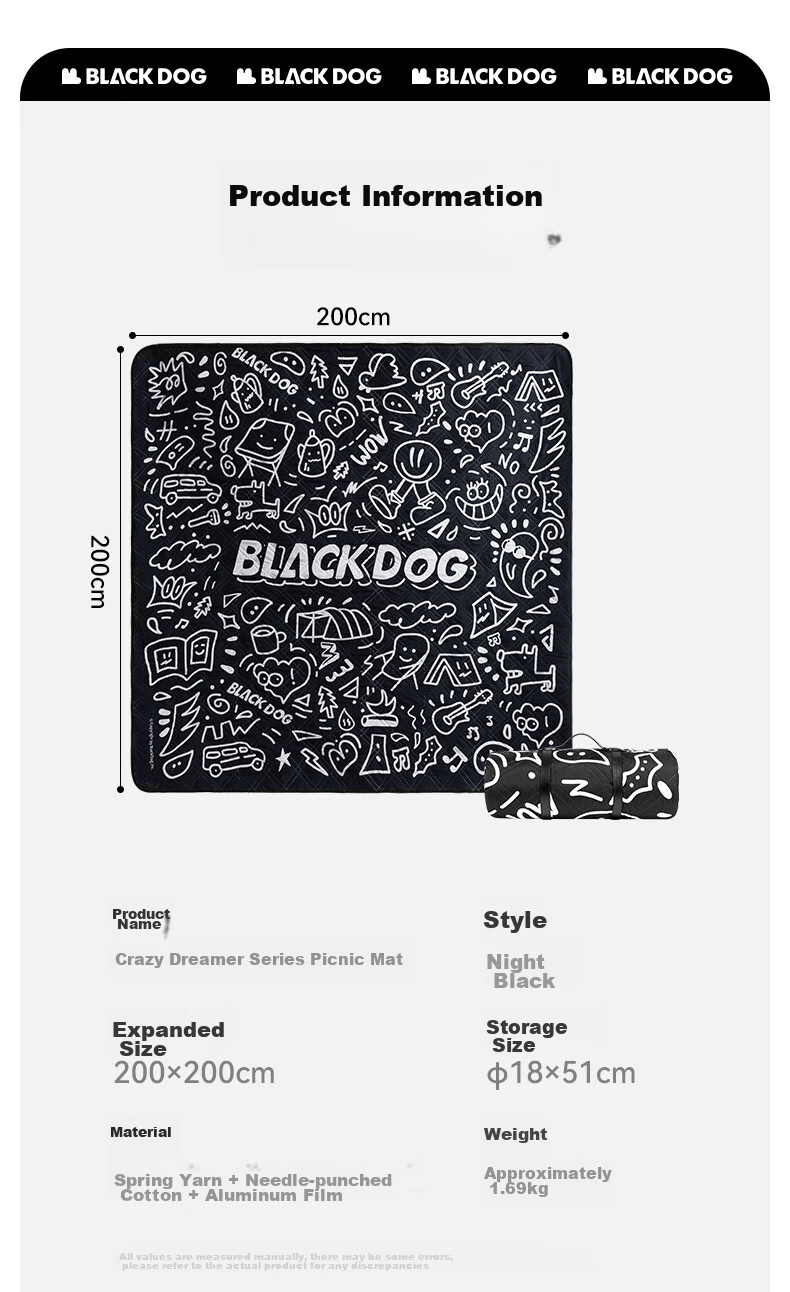 Black Dog Ultrasonic Picnic Mat, Moisture-Proof Mat, Park Outdoor Portable Ground Mat, Floor Mat, Night Black, 2*2m 16