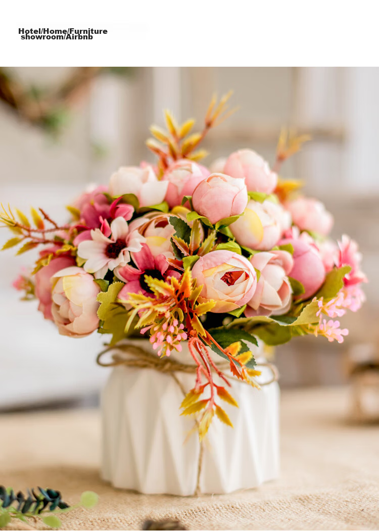 SUGER LOVE Nordic Style Artificial Flower Arrangement Set with Plastic Flowers and Ceramic Vase Pink for Living Room Dining Table Decoration 8