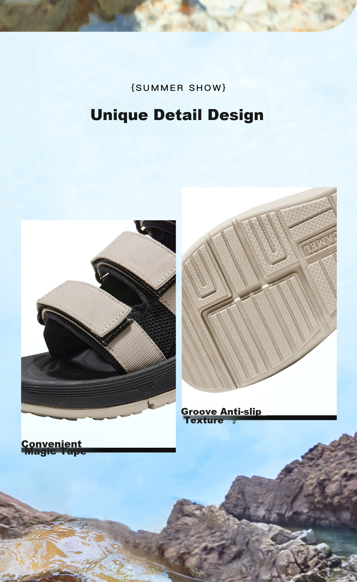 CAMEL Velcro Contrast Color Beach Sandals, Women's Sports Casual Shoes, K24B16L2010, Lavender Purple, Size 38 36
