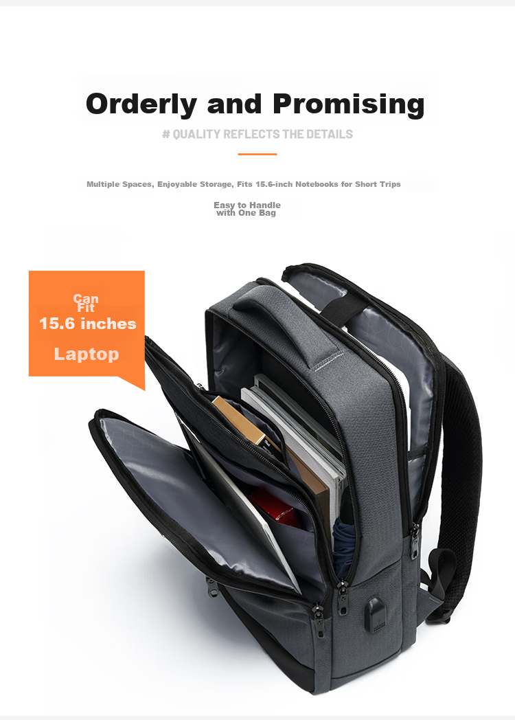 GOLF Backpack for Men, Large Capacity 15.6-Inch Laptop Backpack, USB Interface with Multiple Compartments, Business Casual Travel Bag for Students, Dark Gray with Black 6