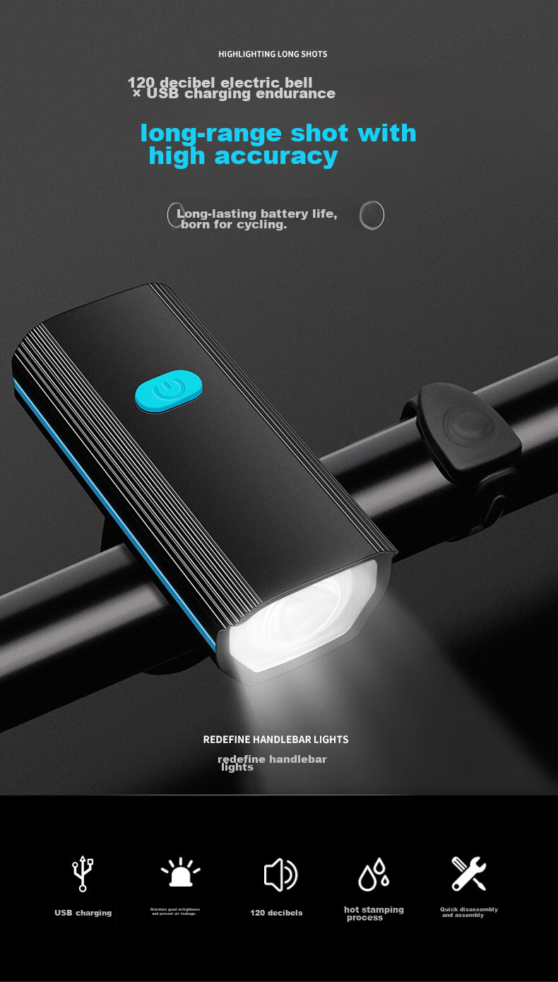 BIKEBROS Bicycle Front Light USB Rechargeable Horn Light Mountain Bike High Brightness Flashlight Children's Bicycle Bell Bike Front Light Strong Night Riding Light Horn Light Blue Strong Light 1