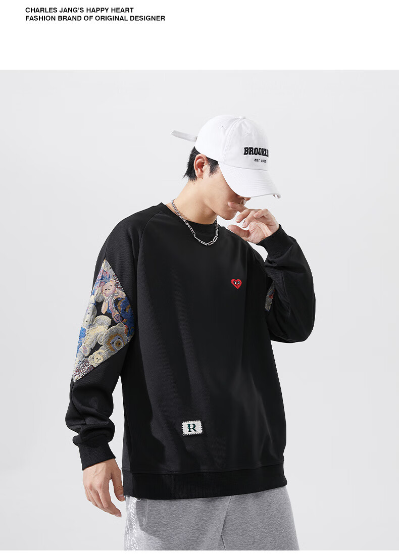 Chaersitaoxin Bear Sweatshirt for Men, Spring And Autumn Season, Color Block Embroidery, Couple's Round Neck Base Layer, Gray, XL 3