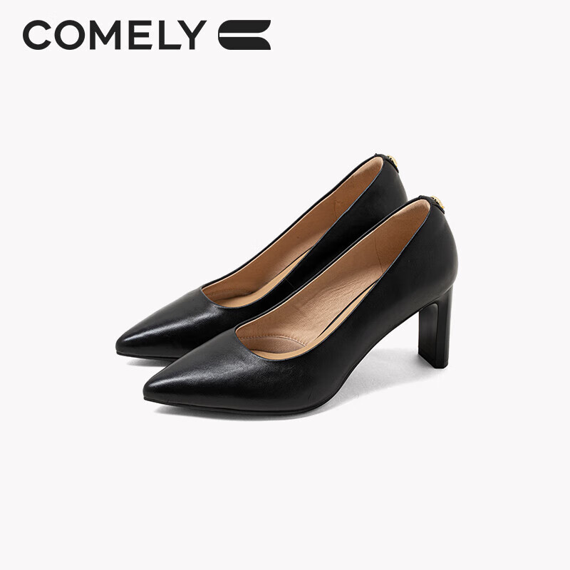 COMELY High Heels for Women, Chunky Heel Pointed Toe Comfortable Soft Sheepskin Ladies Pumps Soft Sole Professional Shoes, Black, Size 34