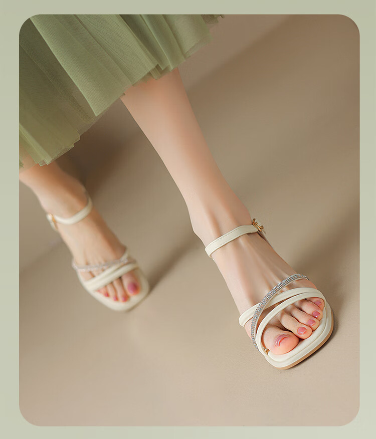 ZHR Chunky Heel Sandals for Women, Summer Elegant Rhinestone Single-Strap Women's Shoes, Versatile Square-Toe Women's Footwear, JF15, Beige, Size 38 13