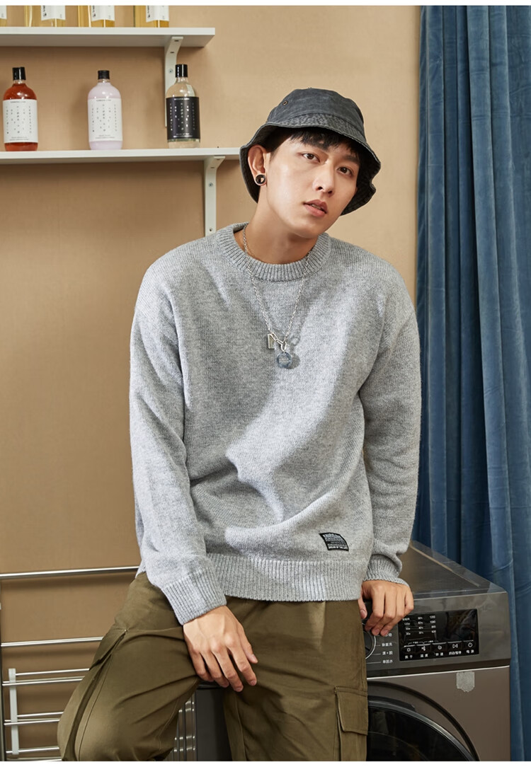 TonLion 2022 Men's Sweater, Solid Color Basic Versatile Base Layer Round Neck Knit Sweater for Men, Flax Gray, S 5